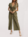 Women's Solid Color Tie Front Cutout Flutter Sleeve Crop Jumpsuit