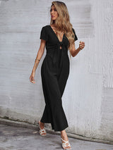 Women's Solid Color Tie Front Cutout Flutter Sleeve Crop Jumpsuit