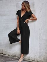 Women's Solid Color Tie Front Cutout Flutter Sleeve Crop Jumpsuit