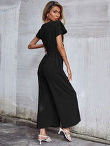 Women's Solid Color Tie Front Cutout Flutter Sleeve Crop Jumpsuit