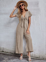 Women's Solid Color Tie Front Cutout Flutter Sleeve Crop Jumpsuit