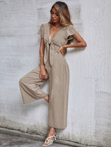 Women's Solid Color Tie Front Cutout Flutter Sleeve Crop Jumpsuit