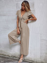 Women's Solid Color Tie Front Cutout Flutter Sleeve Crop Jumpsuit