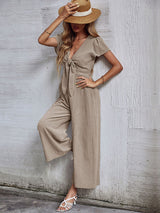 Women's Solid Color Tie Front Cutout Flutter Sleeve Crop Jumpsuit