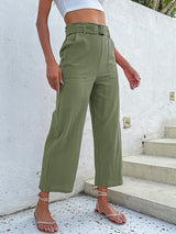 Women's Solid Color Belted Crop Wide-leg Pants