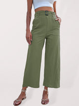 Women's Solid Color Belted Crop Wide-leg Pants
