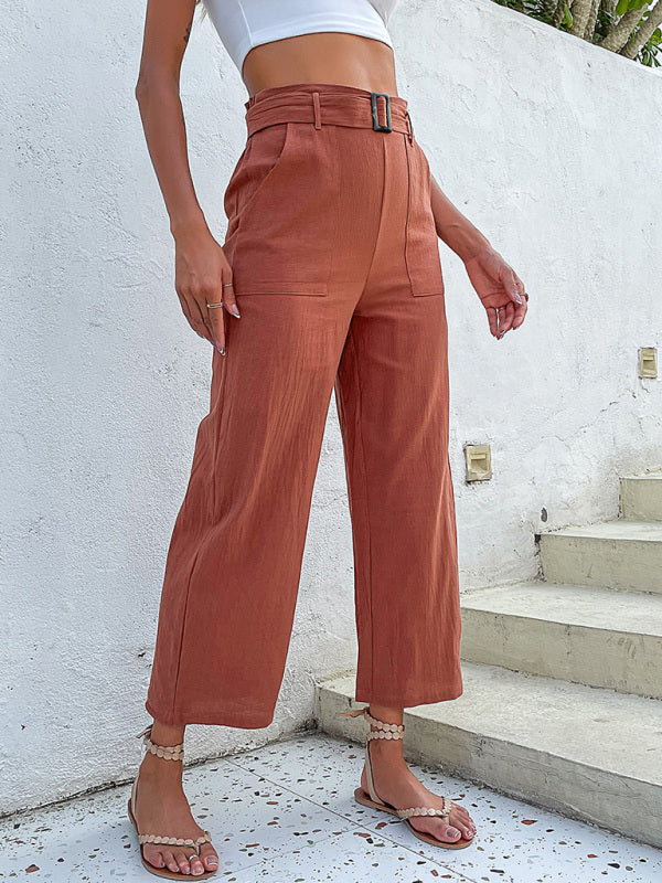 Women's Solid Color Belted Crop Wide-leg Pants