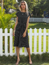 Women's Polka Dot Short Sleeve Pleated Midi Dress