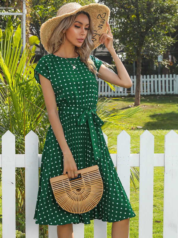 Women's Polka Dot Short Sleeve Pleated Midi Dress