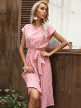 Women's Polka Dot Short Sleeve Pleated Midi Dress