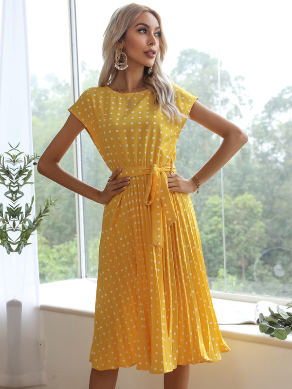 Women's Polka Dot Short Sleeve Pleated Midi Dress