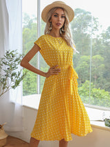 Women's Polka Dot Short Sleeve Pleated Midi Dress