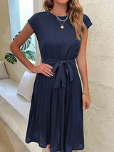 Women's Solid Color Short Sleeve Pleated Midi Dress