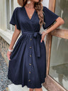 Women's Solid Color Surplice Faux Wrap Button-down Midi Dress