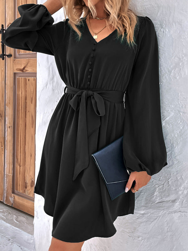 Women's Solid Color V-neck Button Waist Tie Maxi Dress