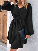 Women's Solid Color V-neck Button Waist Tie Maxi Dress