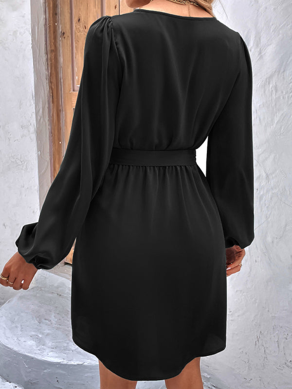 Women's Solid Color V-neck Button Waist Tie Maxi Dress