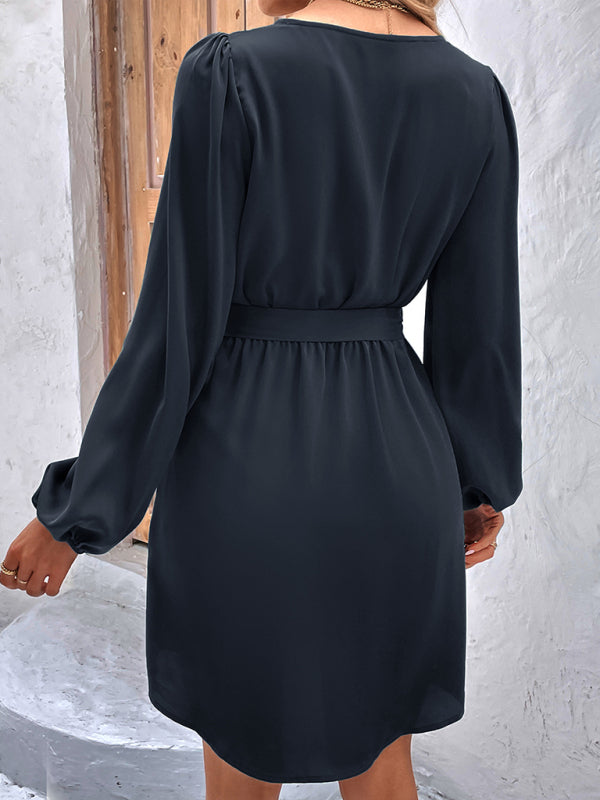 Women's Solid Color V-neck Button Waist Tie Maxi Dress