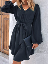 Women's Solid Color V-neck Button Waist Tie Maxi Dress