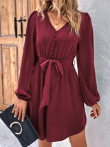 Women's Solid Color V-neck Button Waist Tie Maxi Dress