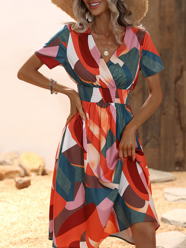 Summer new elegant casual vacation V-neck floral print short-sleeved dress