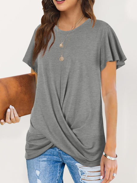 Women's Solid Color Twist Front Crewneck T-shirt