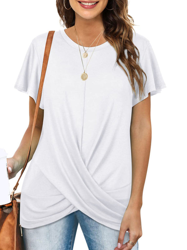 Women's Solid Color Twist Front Crewneck T-shirt