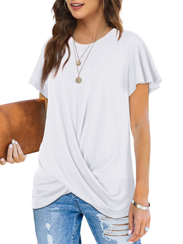 Women's Solid Color Twist Front Crewneck T-shirt