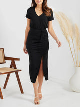 Women's Solid Color V Neck Short Sleeve Drawstring Slit Dress