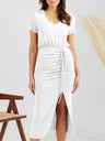 Women's Solid Color V Neck Short Sleeve Drawstring Slit Dress