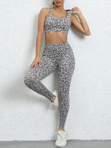 Women's Leopard Print Balance Compression Racerback Crop Top And High-waist Pants