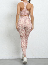 Women's Leopard Print Balance Compression Racerback Crop Top And High-waist Pants