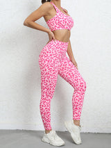 Women's Leopard Print Balance Compression Racerback Crop Top And High-waist Pants