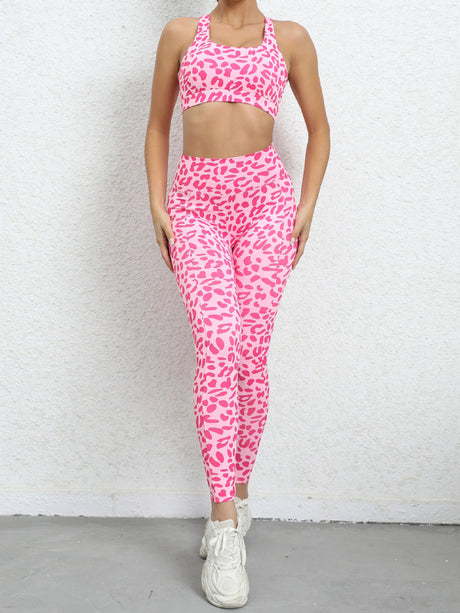 Women's Leopard Print Balance Compression Racerback Crop Top And High-waist Pants