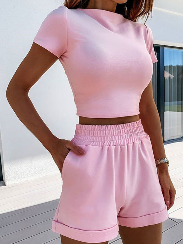 Women's Solid Color tee & Elastic Waist Shorts