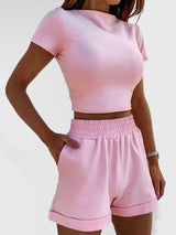 Women's Solid Color tee & Elastic Waist Shorts