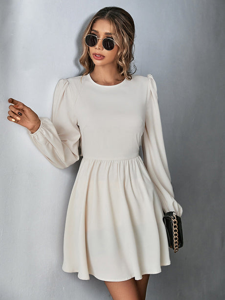 Women's Solid Color Lace-up Back Puff Long Sleeve Mini Dress