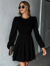 Women's Solid Color Lace-up Back Puff Long Sleeve Mini Dress