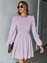Women's Solid Color Lace-up Back Puff Long Sleeve Mini Dress