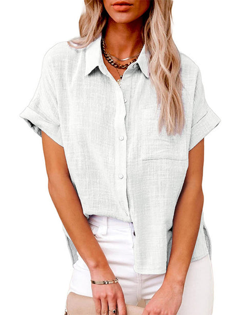 Women's Solid Color Short Sleeve Button-front Top