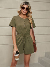 Women's Knit Loose Short Sleeve Button Tie Jumpsuit