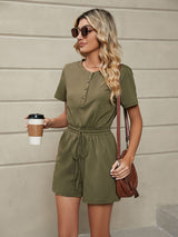 Women's Knit Loose Short Sleeve Button Tie Jumpsuit
