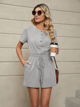 Women's Knit Loose Short Sleeve Button Tie Jumpsuit