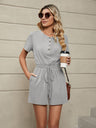 Women's Knit Loose Short Sleeve Button Tie Jumpsuit