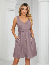 Women's Solid Color Button Front Detail A-line Mini Dress