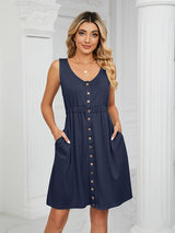 Women's Solid Color Button Front Detail A-line Mini Dress