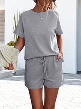 Women's Solid Color 2-piece Short Sleeve Ruffle At Hem Tee With A Short Set