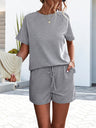 Women's Solid Color 2-piece Short Sleeve Ruffle At Hem Tee With A Short Set