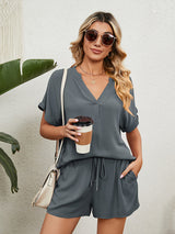Women's Solid Color Short Sleeve V-neck T-shirt And Shorts