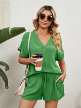 Women's Solid Color Short Sleeve V-neck T-shirt And Shorts
